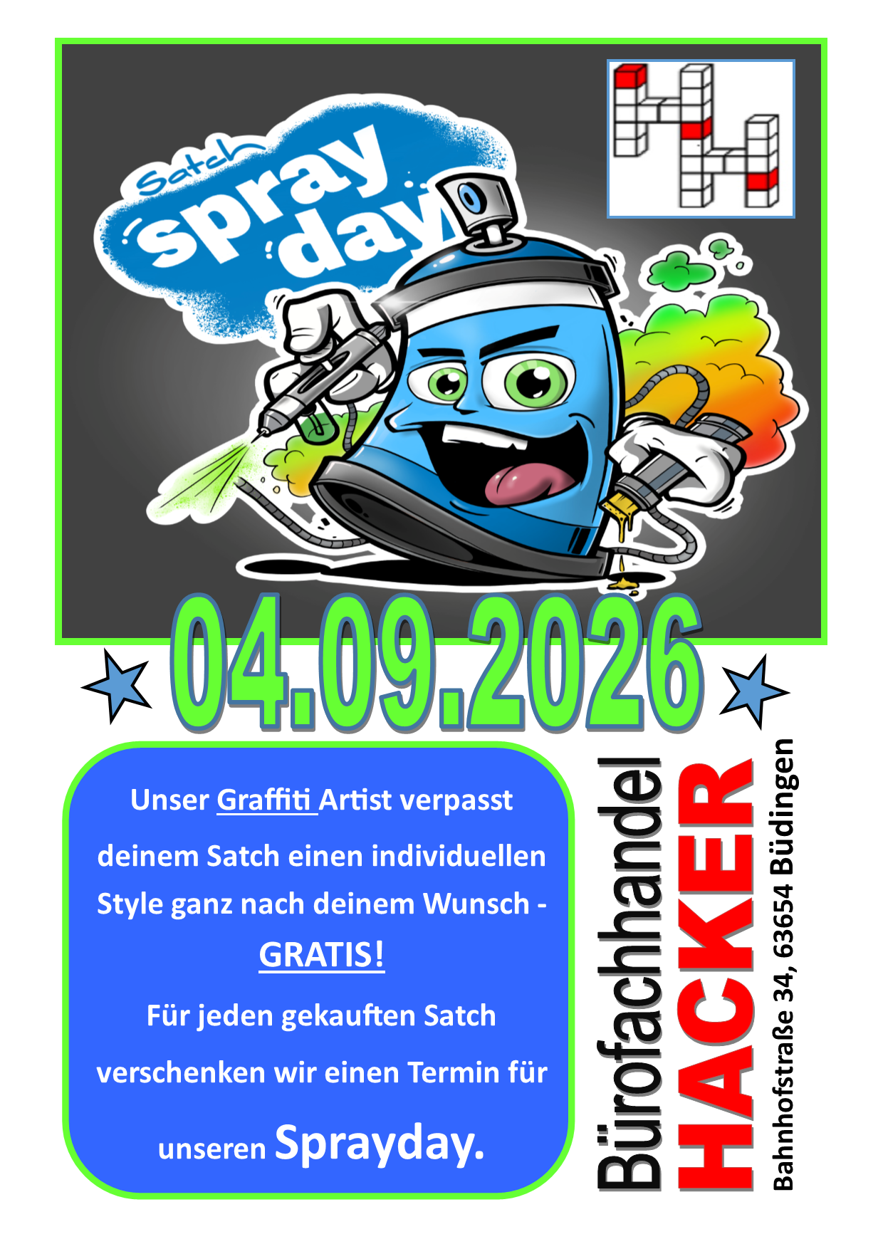 Satch Spray Day 2026 Plakat — Bürofachhandel Hacker, Büdingen
